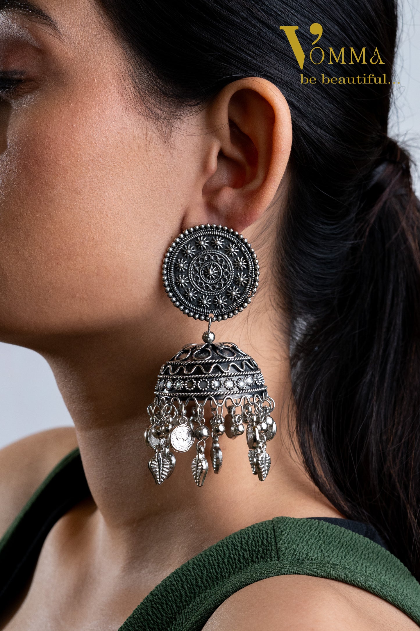 Vomma Jhumka with leaf latkan