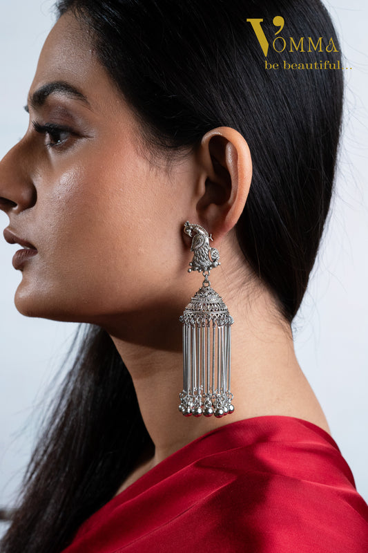 Vomma Peacock Jhumka with Long ghungroo Tassels