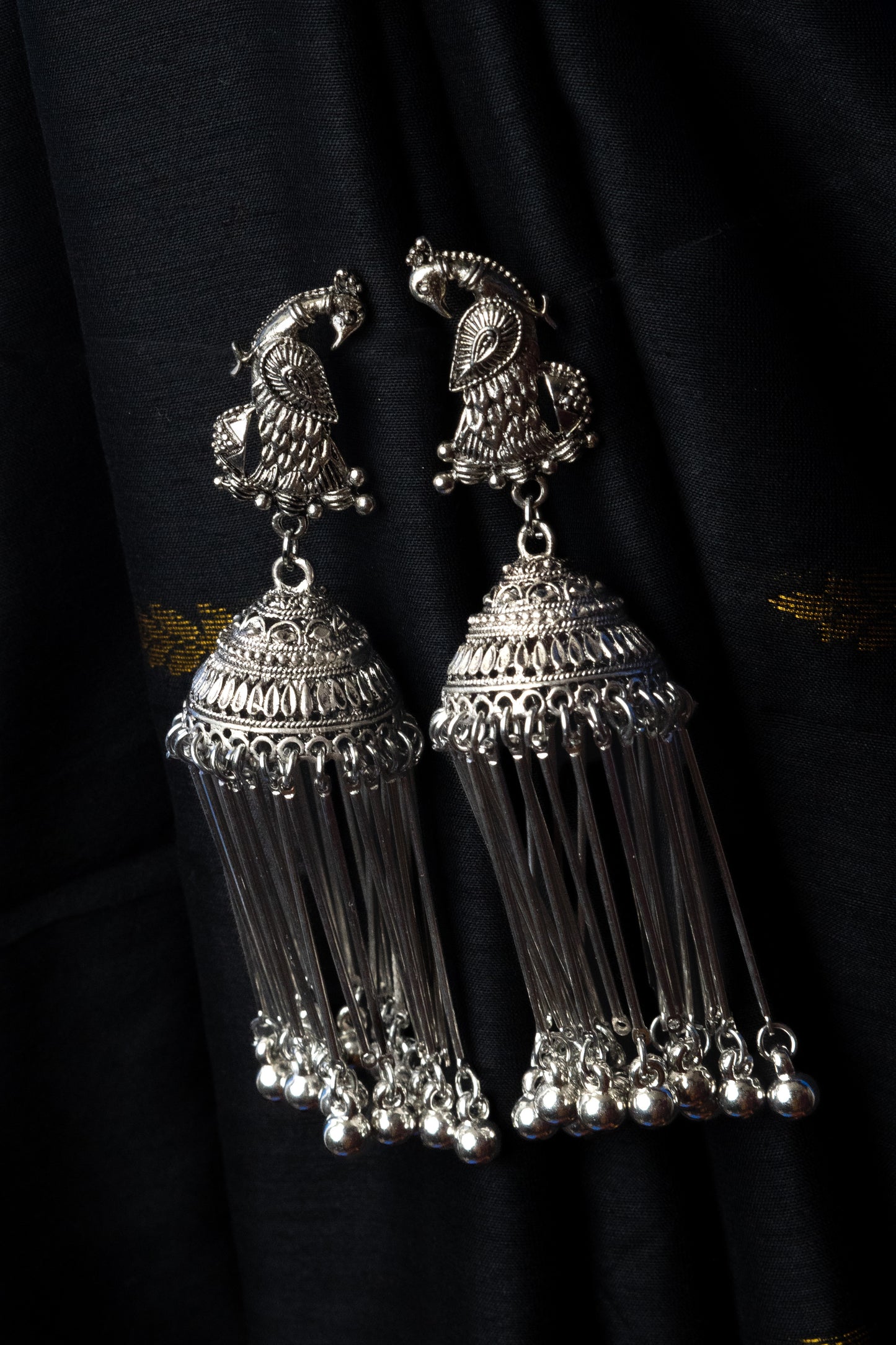 Vomma Peacock Jhumka with Long ghungroo Tassels