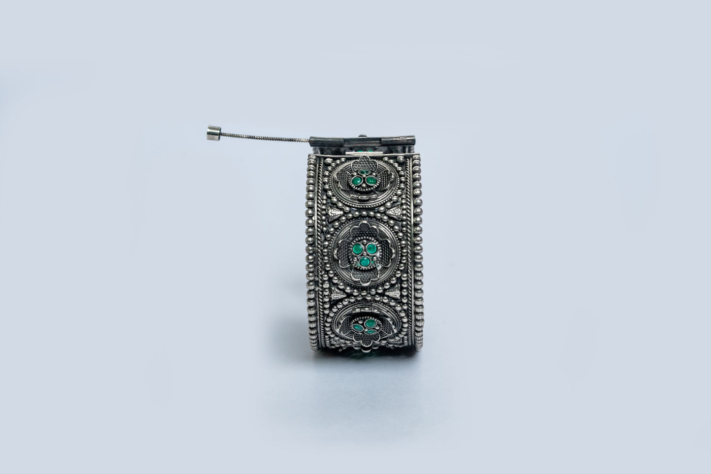 Oxidised Kada with green stone floral design