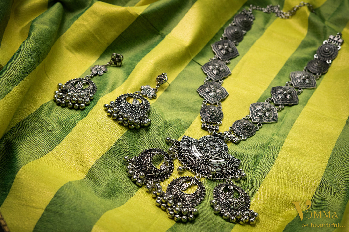 Vomma Oxidised Long Necklace with Earrings